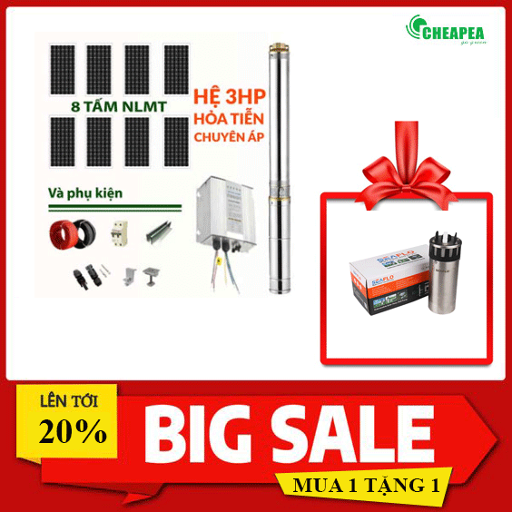 Hệ thống Bơm hỏa tiễn Năng Lượng Mặt Trời 2200W 7.5 m3/h (Tặng kèm Bơm chìm Seaflo)